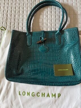 Longchamp Teal Croc-Embossed Tote